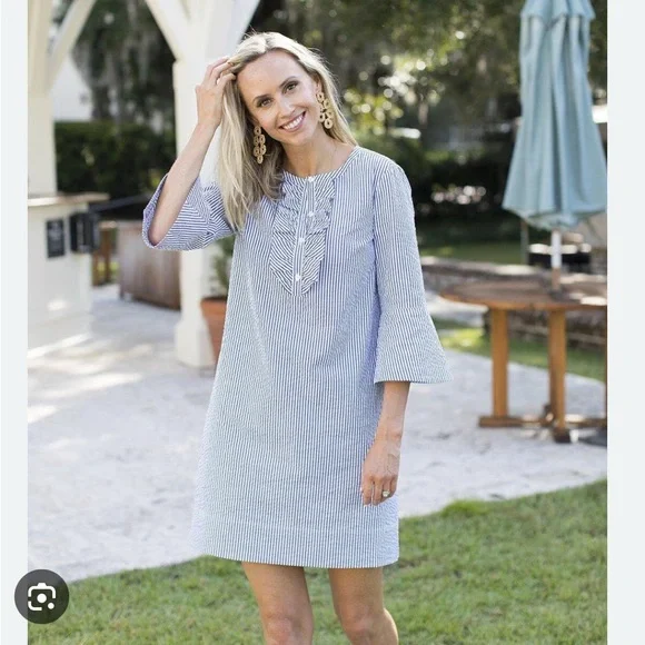 Draper James Seersucker Blue and White Shift Dress w/ 3/4 bell sleeves - Picture 8 of 9